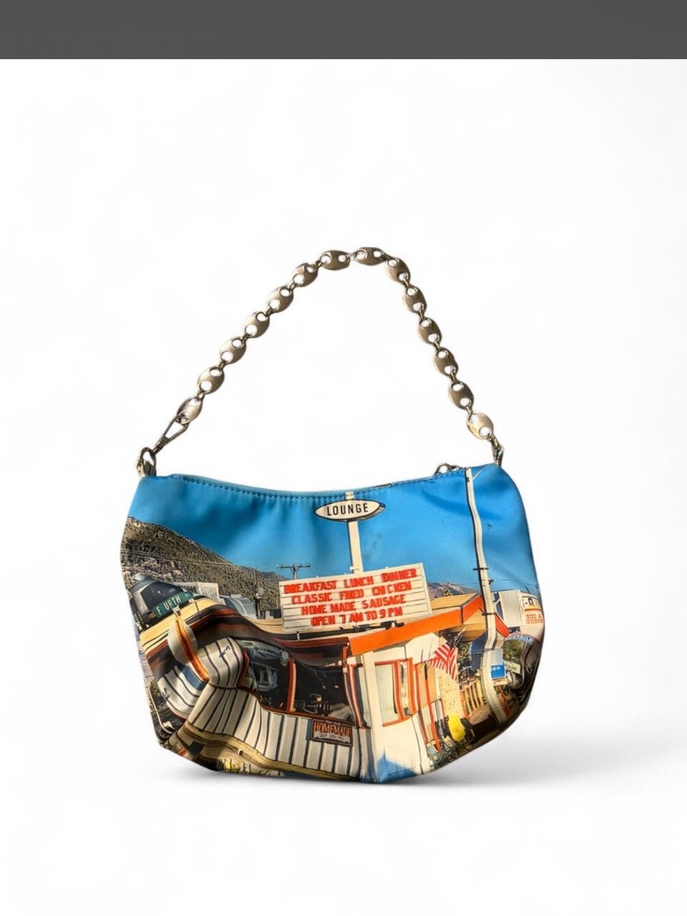 Blue Scenic Print Shoulder Bag with Chain Handle